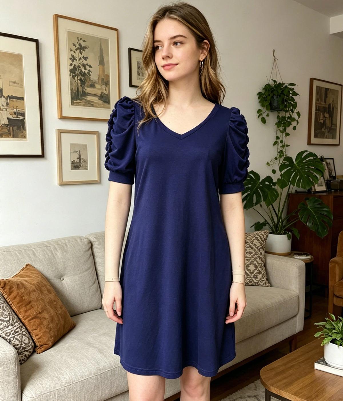 HOWSWET Women's Navy Blue Casual Short Sleeve Sleepwear Puff Sleeves Comfy V-neck Sleep Dress
