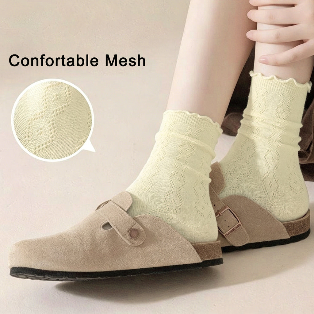 HOWSWET Women Medium Summer Thin Socks Ruffled Cuffs Breathable Casual 3 packs