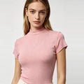 HOWSWET Women Slim Fitted Tops Pink Mock Neck Soft Short Sleeve Shirts Casual T-shirt