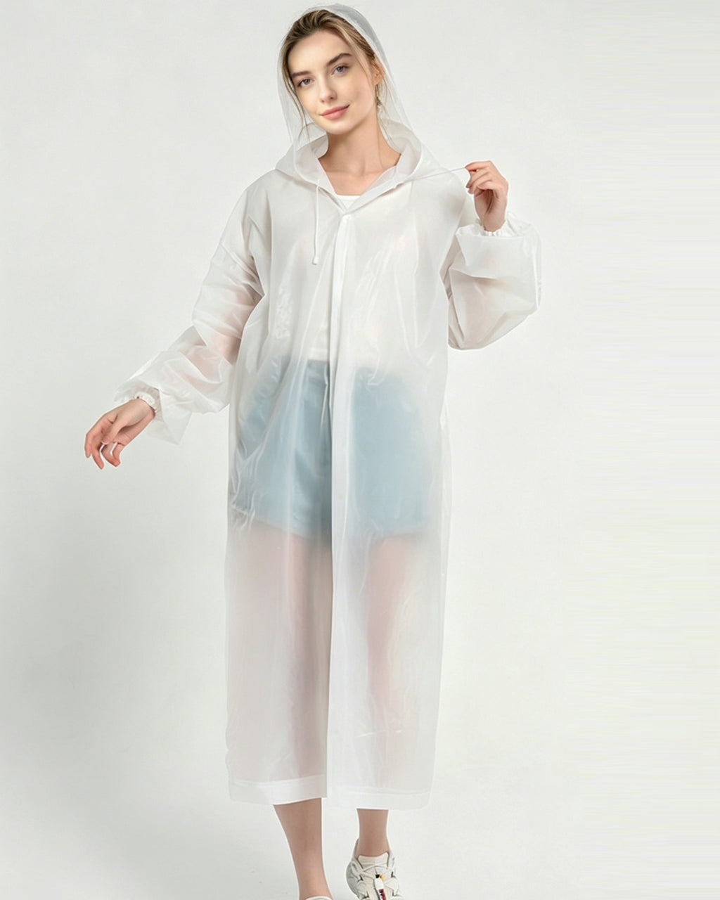 HOWSWET Women's Button-front Closure Transparent Raincoat Long Sleeves Full-length coverage Rain Protector