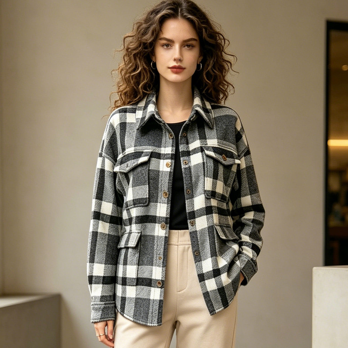 HOWSWET Women's Flannel Shirt Long Sleeve Shakets Button Down Thick Plaid Jackets Coats Fall Winter Grey Color