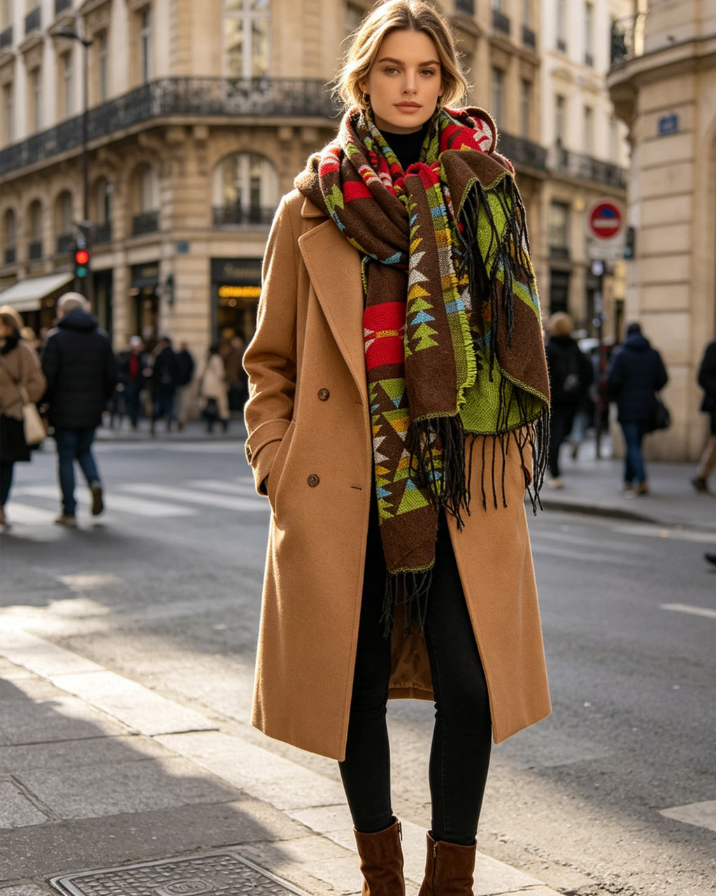 HOWSWET Women's Luxurious Wool Blends Vibrant Patterned Scarf Elegant Warm and bulkiness Long Scarf
