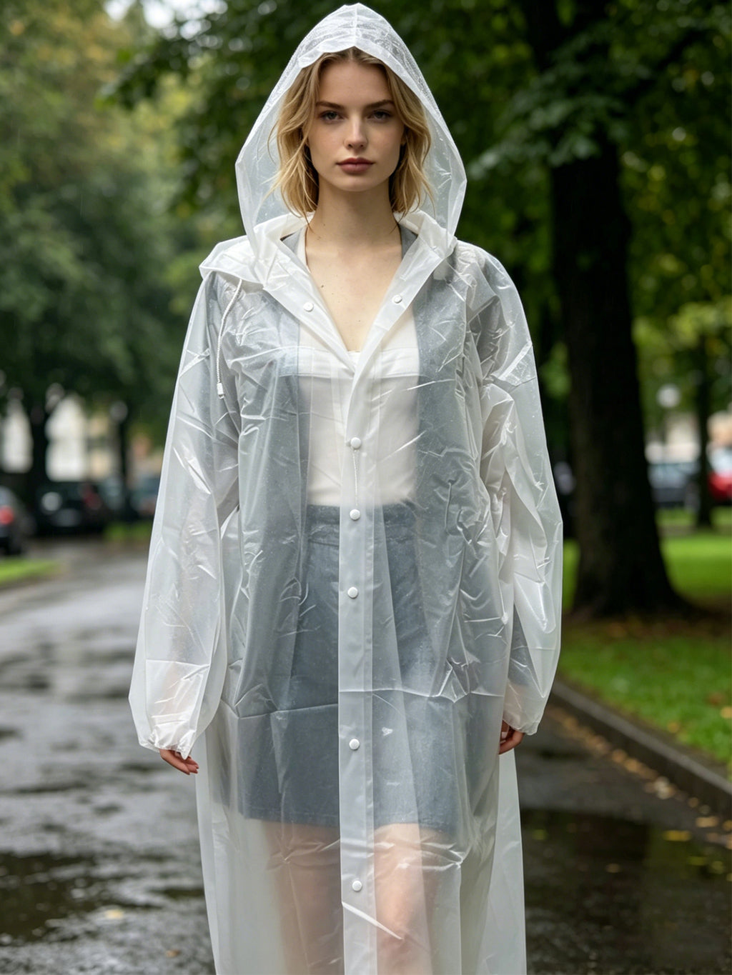 HOWSWET Women's Button-front Closure Transparent Raincoat Long Sleeves Full-length coverage Rain Protector