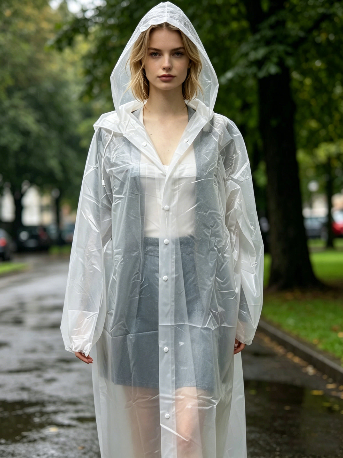 HOWSWET Women's Button-front Closure Transparent Raincoat Long Sleeves Full-length coverage Rain Protector