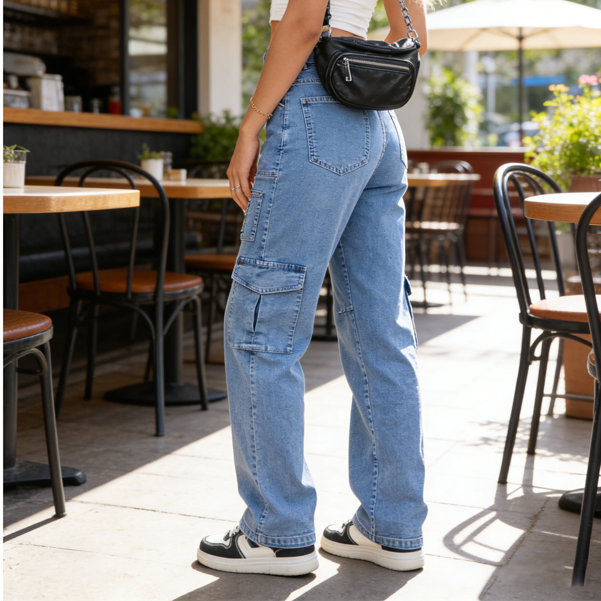 HOWSWET Women's High waist Demin Multi-pockets Y2K Pants Wide Leg Jeans Casual Baggy Trousers