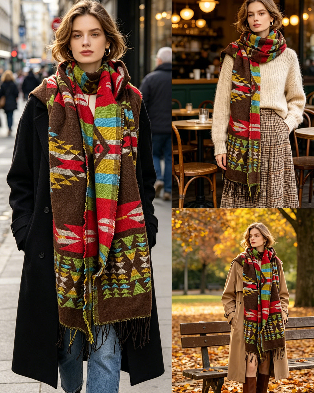 HOWSWET Women's Luxurious Wool Blends Vibrant Patterned Scarf Elegant Warm and bulkiness Long Scarf