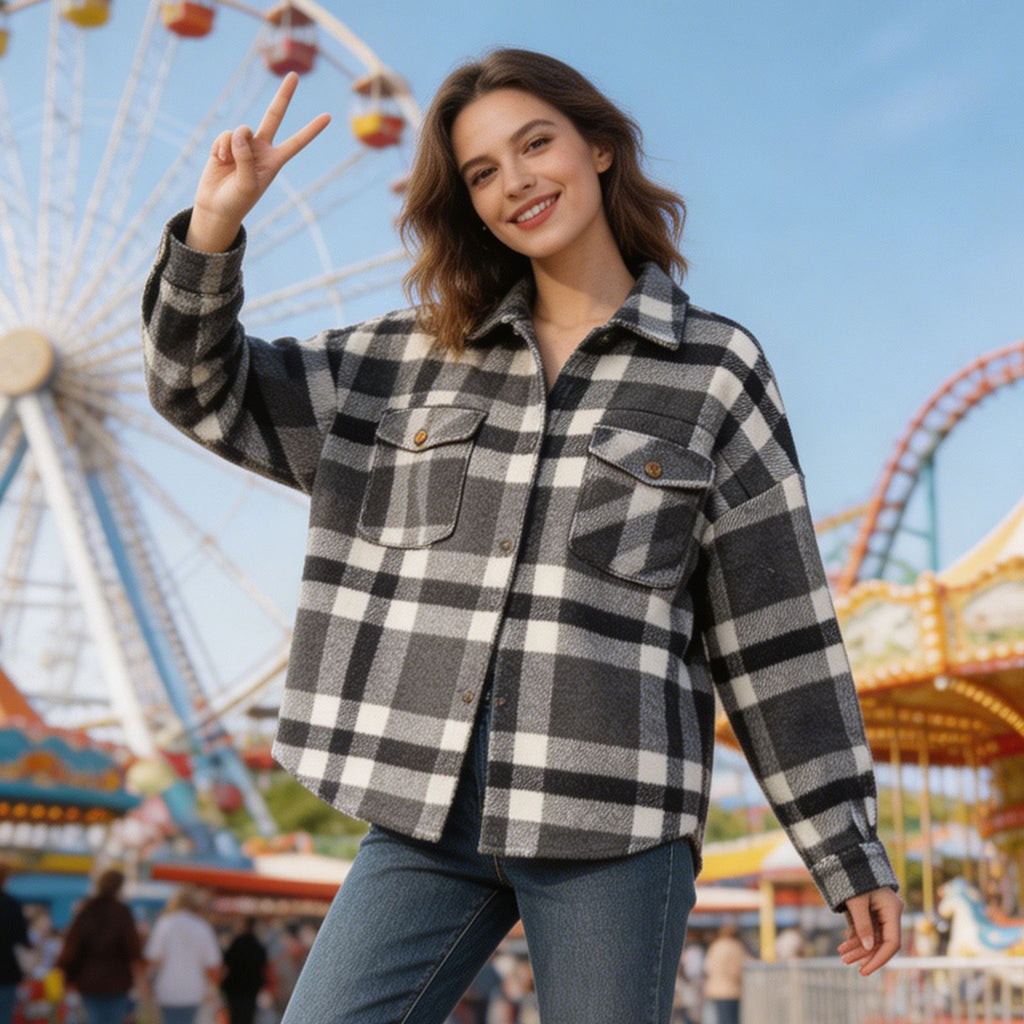 HOWSWET Women's Flannel Shirt Long Sleeve Shakets Button Down Thick Plaid Jackets Coats Fall Winter Grey Color