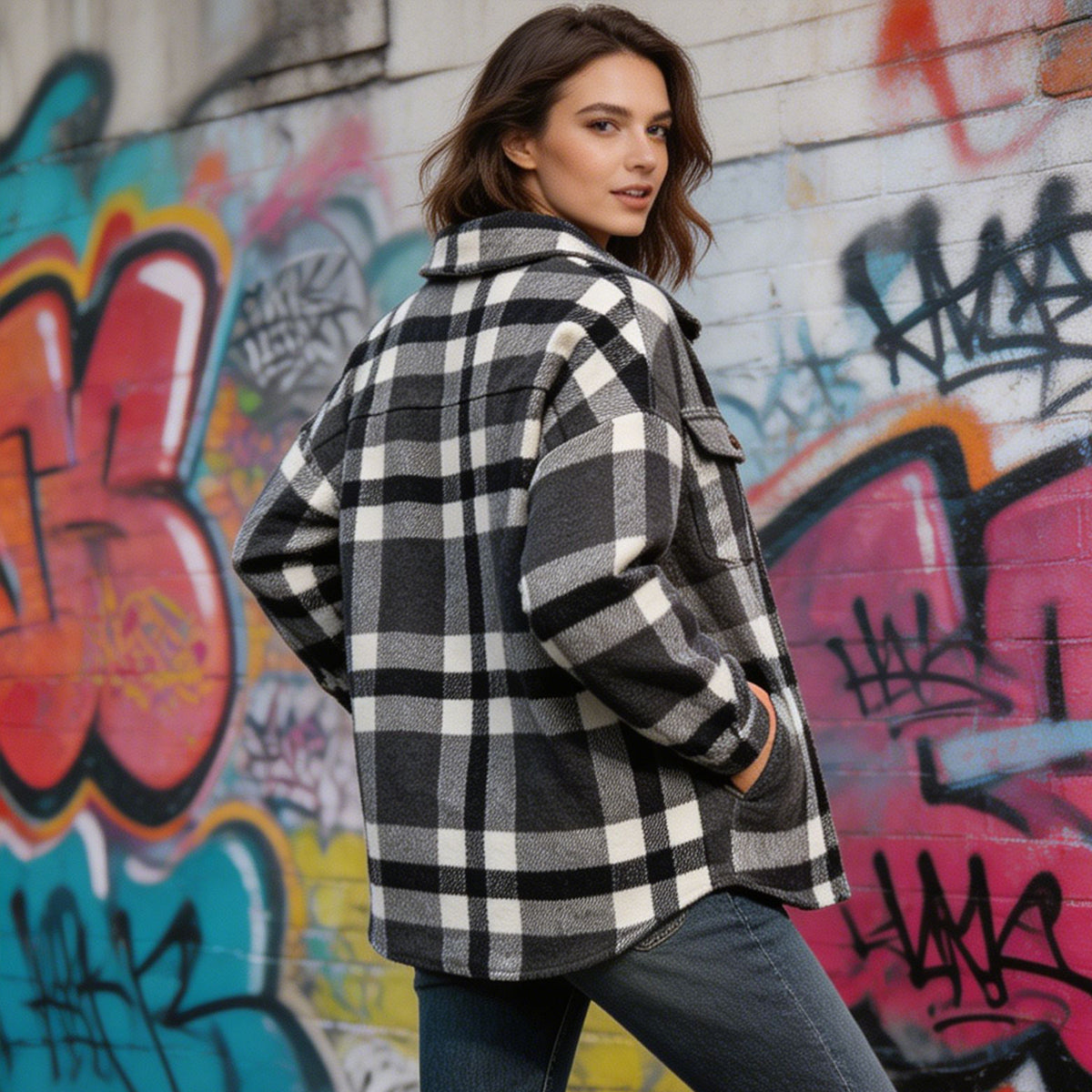 HOWSWET Women's Flannel Shirt Long Sleeve Shakets Button Down Thick Plaid Jackets Coats Fall Winter Grey Color
