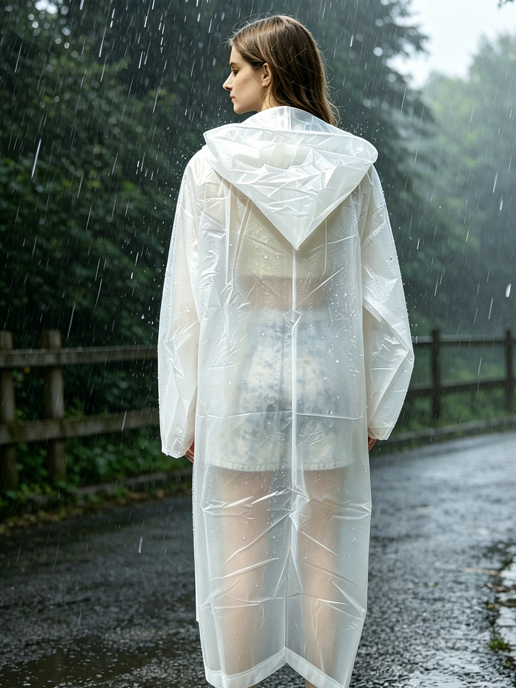 HOWSWET Women's Button-front Closure Transparent Raincoat Long Sleeves Full-length coverage Rain Protector