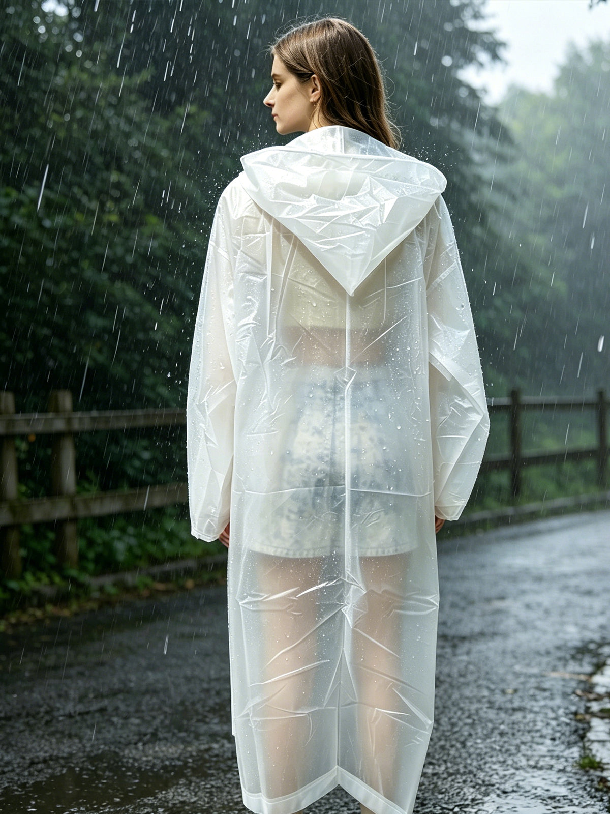 HOWSWET Women's Button-front Closure Transparent Raincoat Long Sleeves Full-length coverage Rain Protector