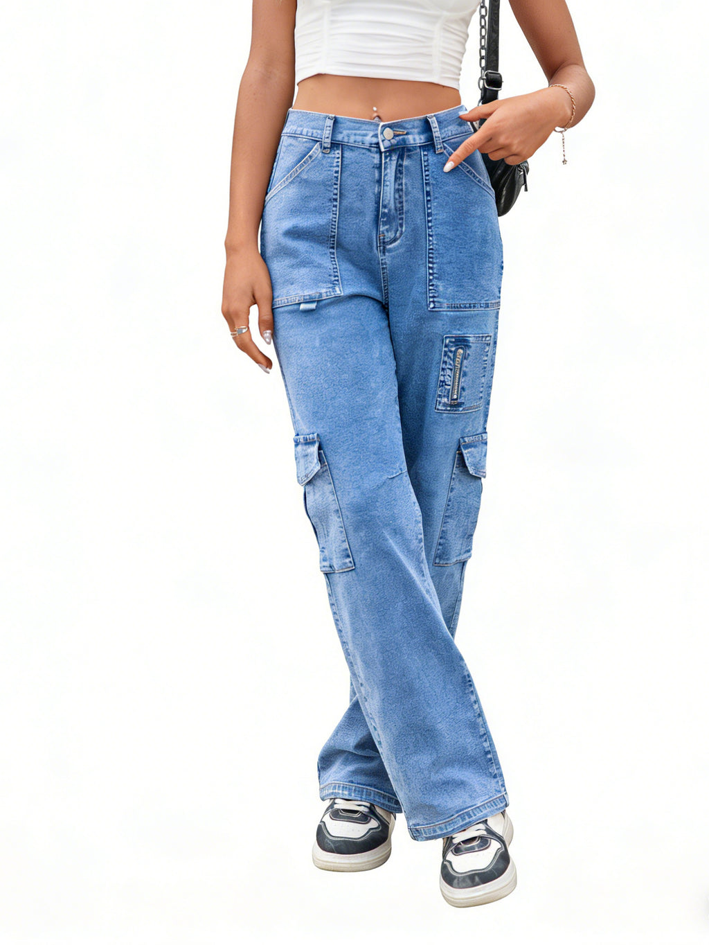 HOWSWET Women's High waist Demin Multi-pockets Y2K Pants Wide Leg Jeans Casual Baggy Trousers