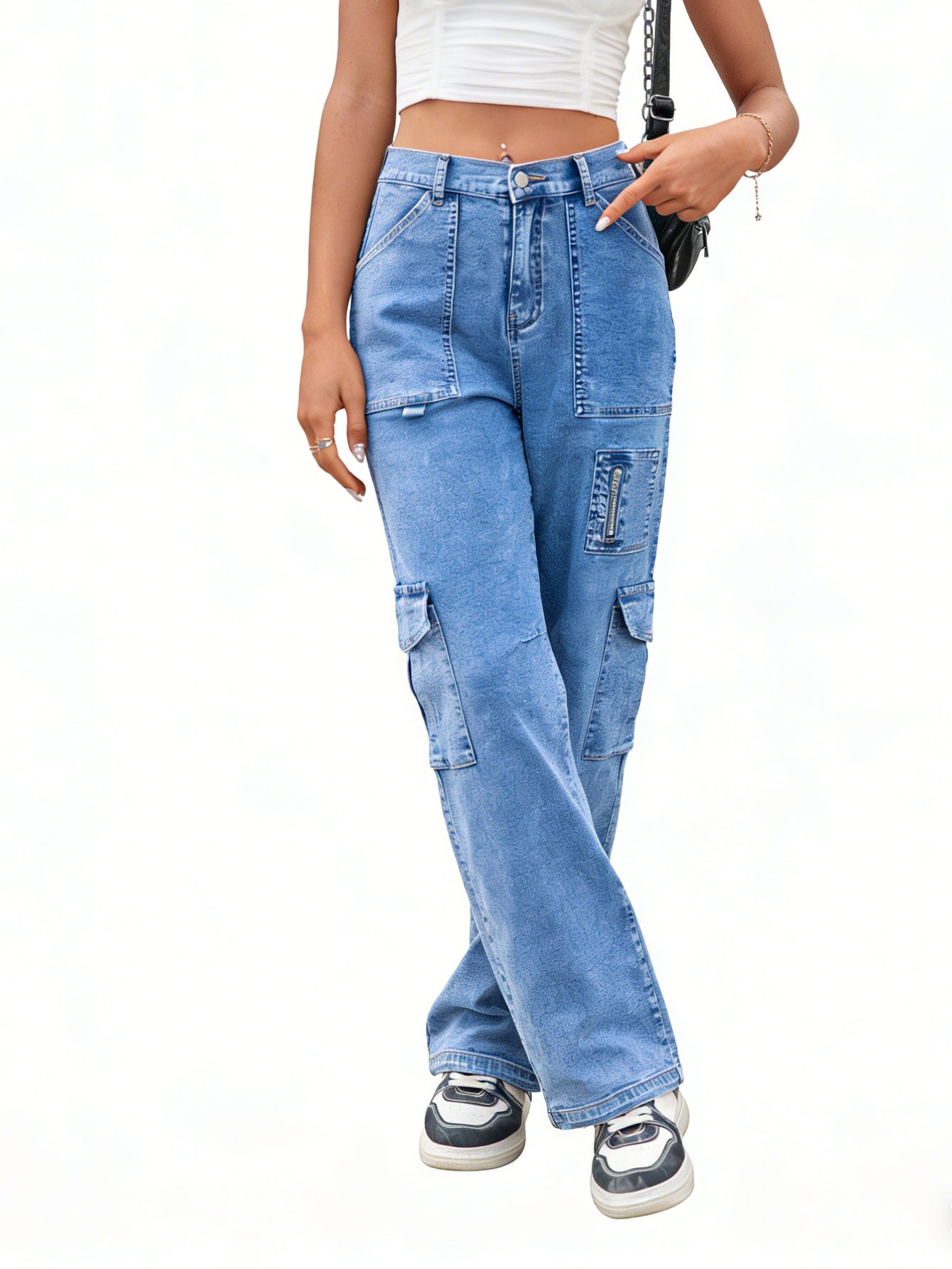 HOWSWET Women's High waist Demin Multi-pockets Y2K Pants Wide Leg Jeans Casual Baggy Trousers