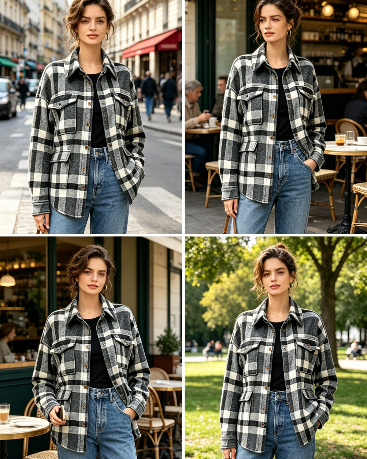 HOWSWET Women's Flannel Shirt Long Sleeve Shakets Button Down Thick Plaid Jackets Coats Fall Winter Grey Color