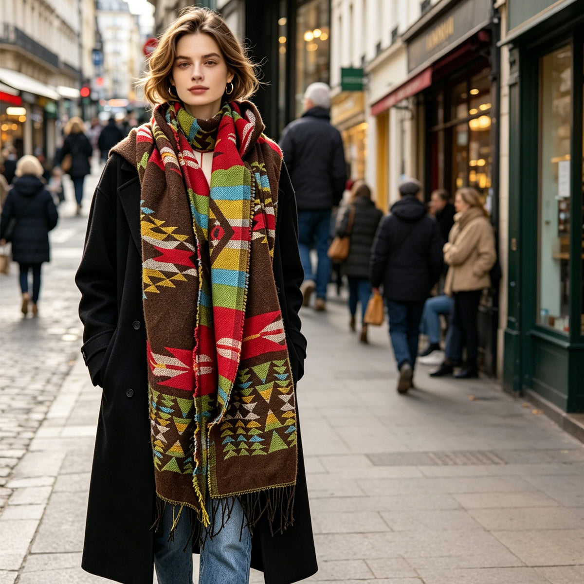 HOWSWET Women's Luxurious Wool Blends Vibrant Patterned Scarf Elegant Warm and bulkiness Long Scarf
