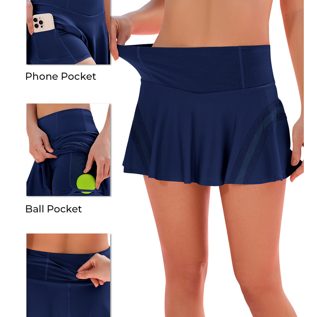 HOWSWET Women Casul Sports Skirt Navy Blue High Waisted Tennis Mini Skort with Pcoket Athletic Skirts