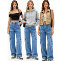 HOWSWET Women's High waist Demin Multi-pockets Y2K Pants Wide Leg Jeans Casual Baggy Trousers