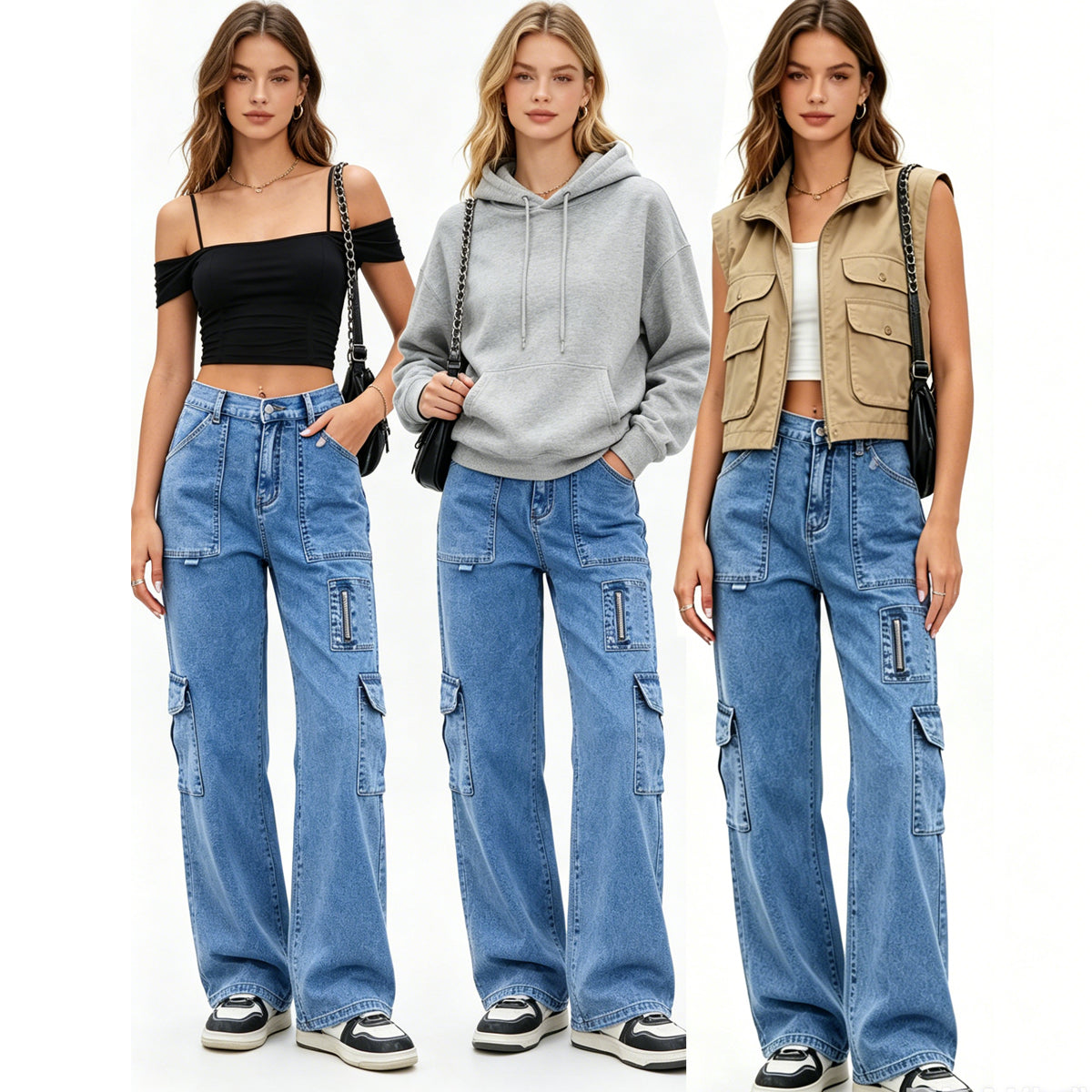 HOWSWET Women's High waist Demin Multi-pockets Y2K Pants Wide Leg Jeans Casual Baggy Trousers