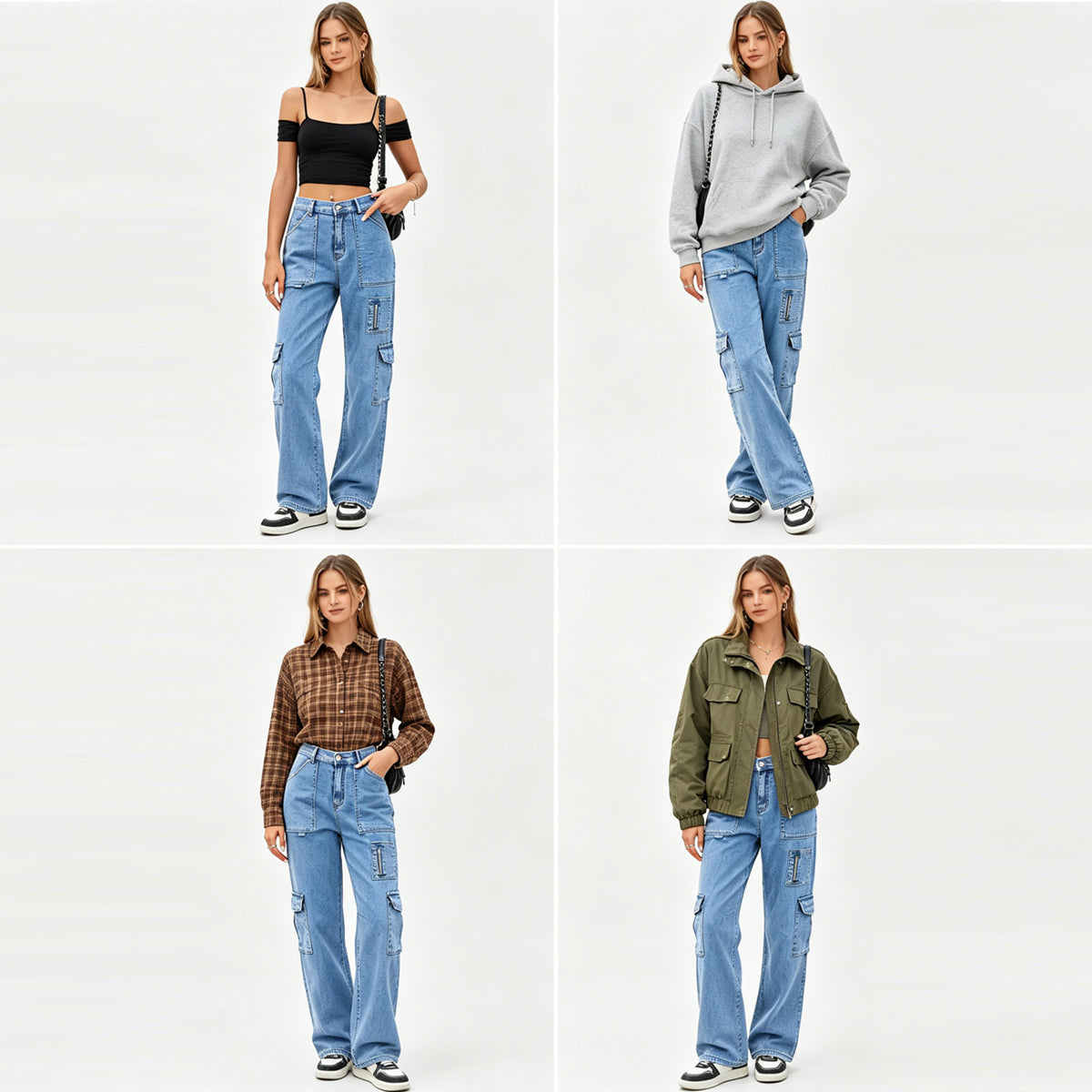 HOWSWET Women's High waist Demin Multi-pockets Y2K Pants Wide Leg Jeans Casual Baggy Trousers