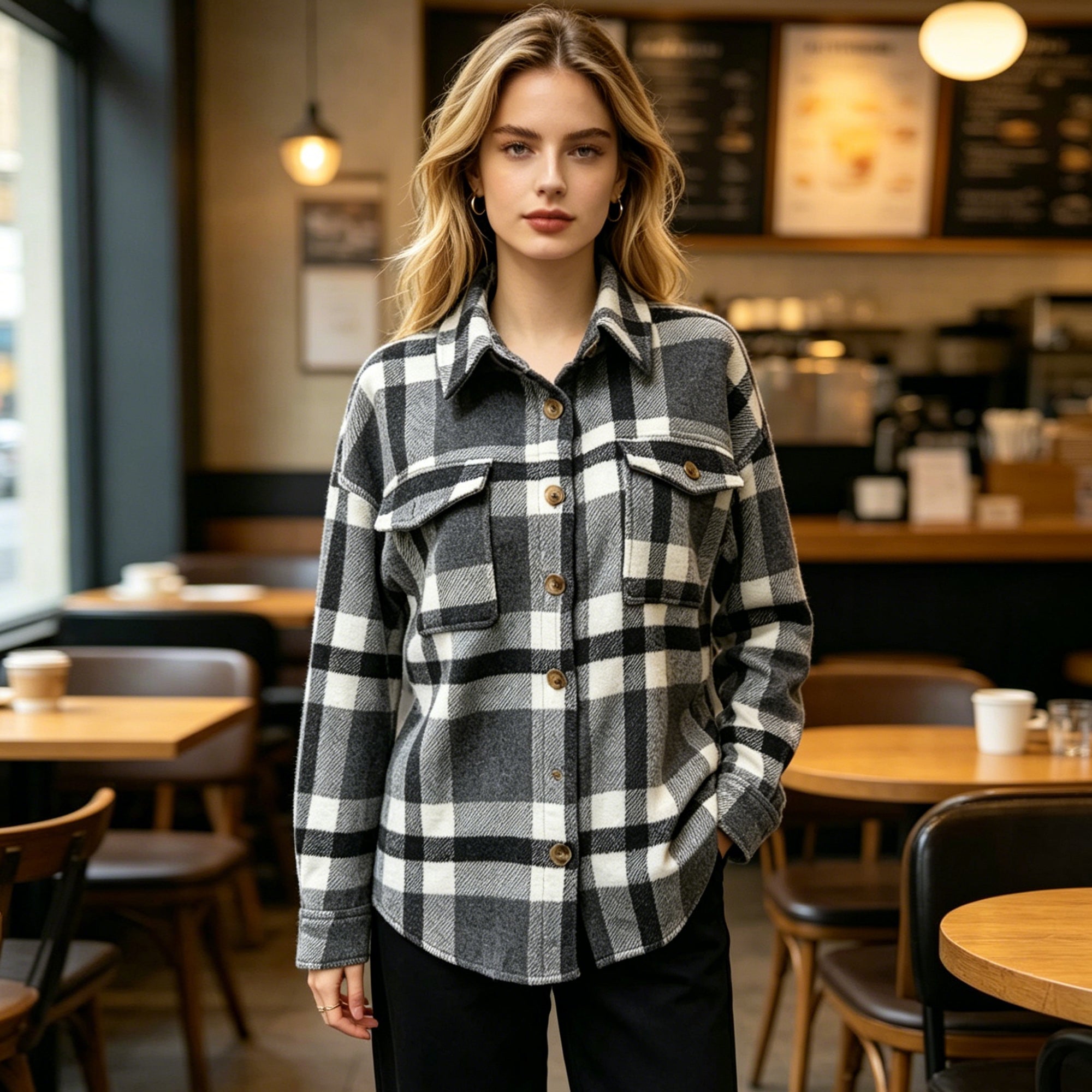 HOWSWET Women's Flannel Shirt Long Sleeve Shakets Button Down Thick Plaid Jackets Coats Fall Winter Grey Color