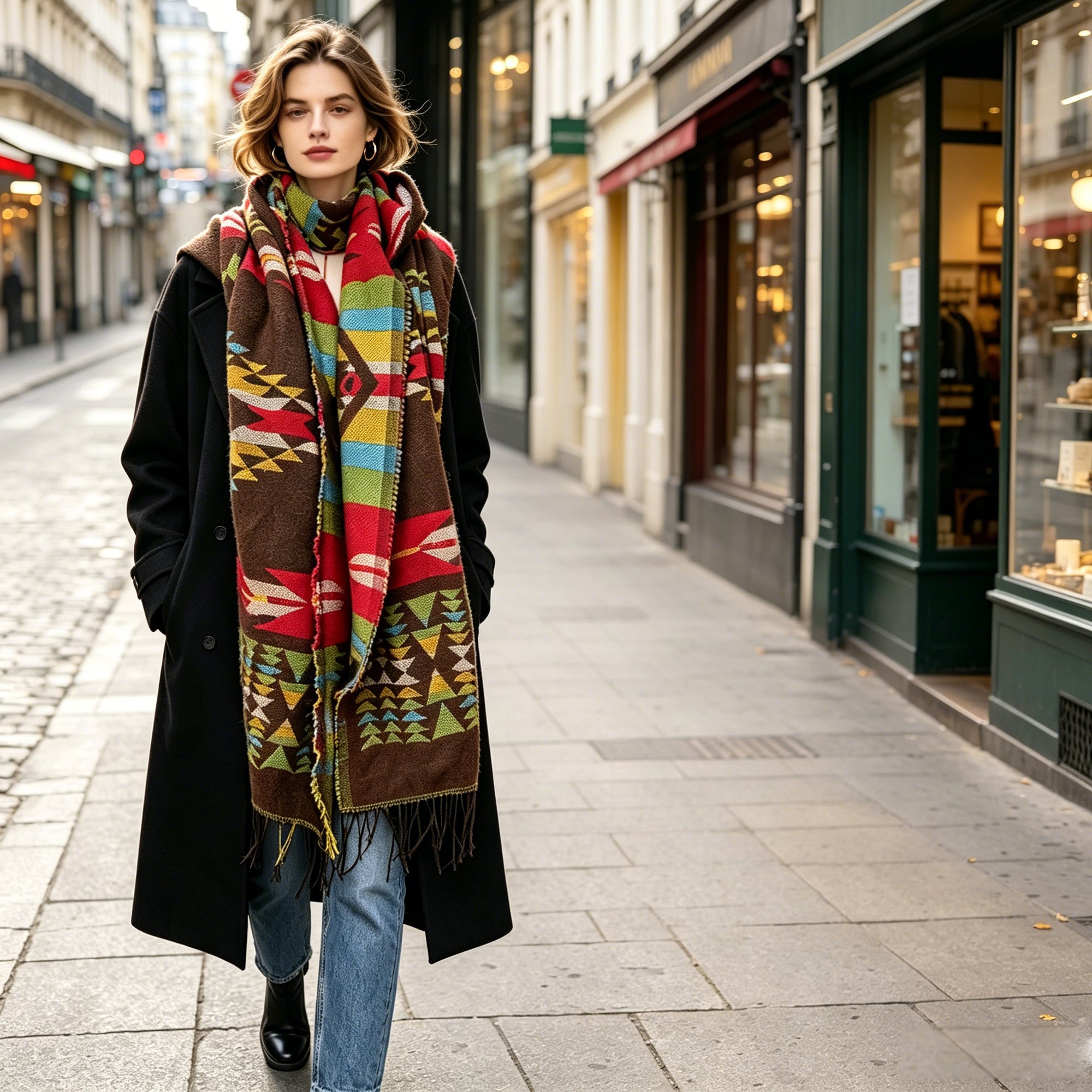 HOWSWET Women's Luxurious Wool Blends Vibrant Patterned Scarf Elegant Warm and bulkiness Long Scarf