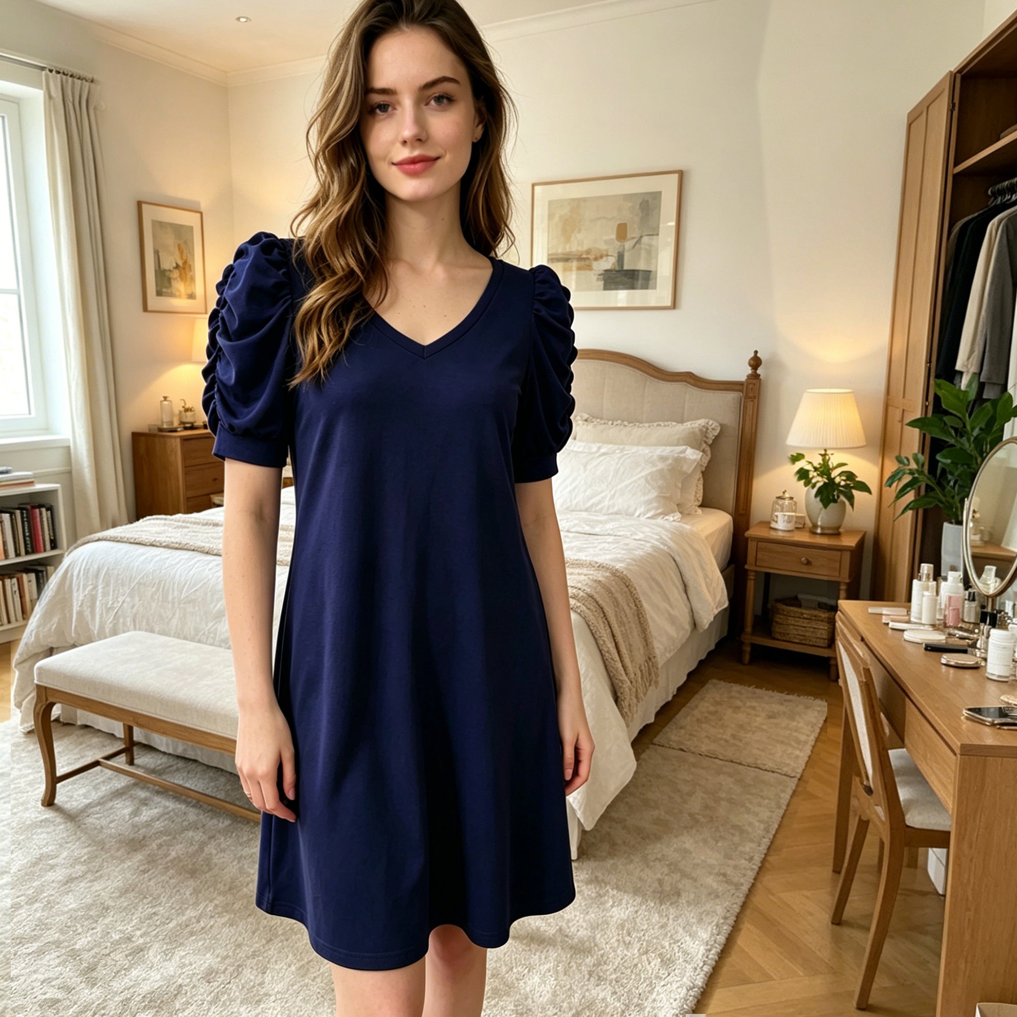 HOWSWET Women's Navy Blue Casual Short Sleeve Sleepwear Puff Sleeves Comfy V-neck Sleep Dress