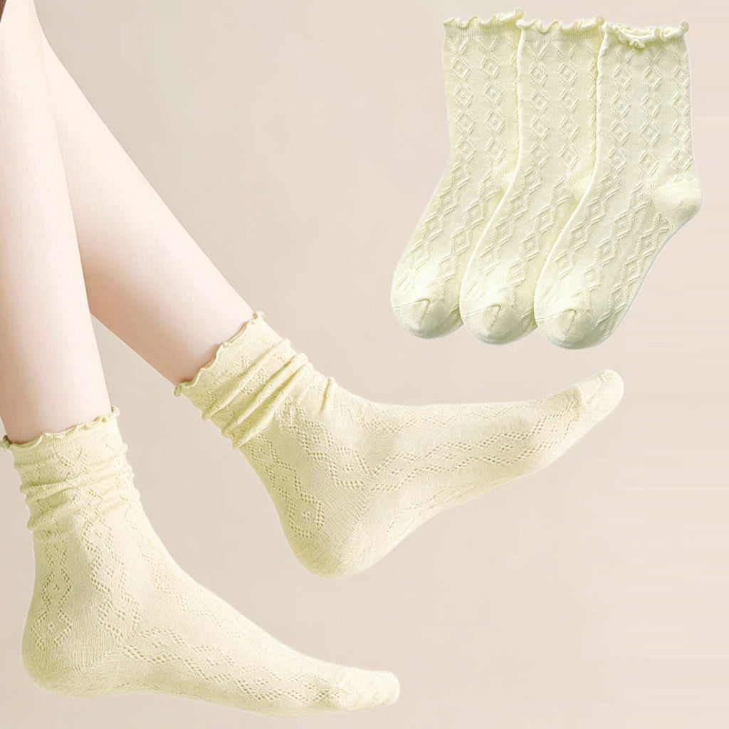HOWSWET Women Medium Summer Thin Socks Ruffled Cuffs Breathable Casual 3 packs