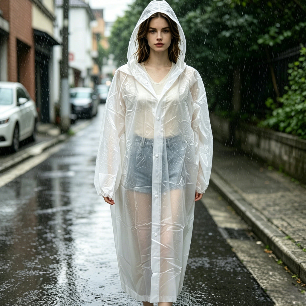HOWSWET Women's Button-front Closure Transparent Raincoat Long Sleeves Full-length coverage Rain Protector